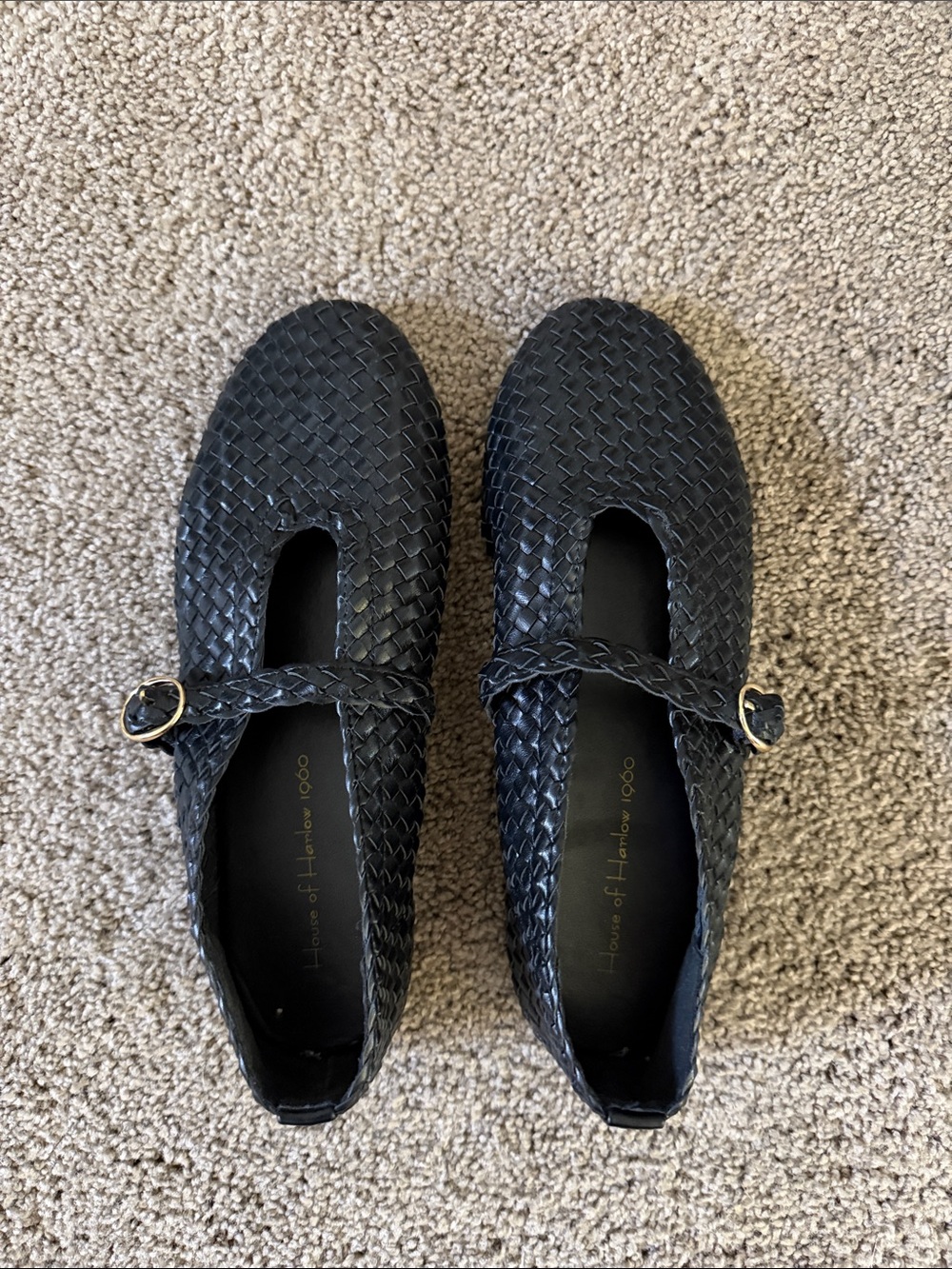 House of Harlow 1960 Black Woven Mary Jane Loafers with Gold Buckle